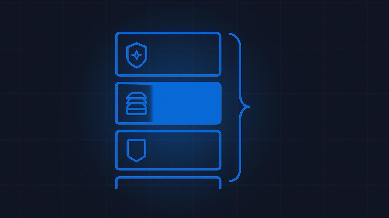 Four stacked blue-outlined blocks joined by one bracket, the second lit: role and job, material, output, rules