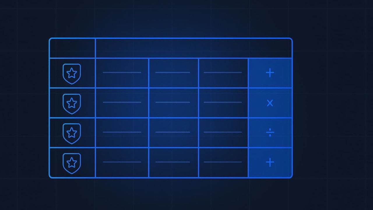 A blue-outlined audit table with the money column lit and three rows marked with rank badges