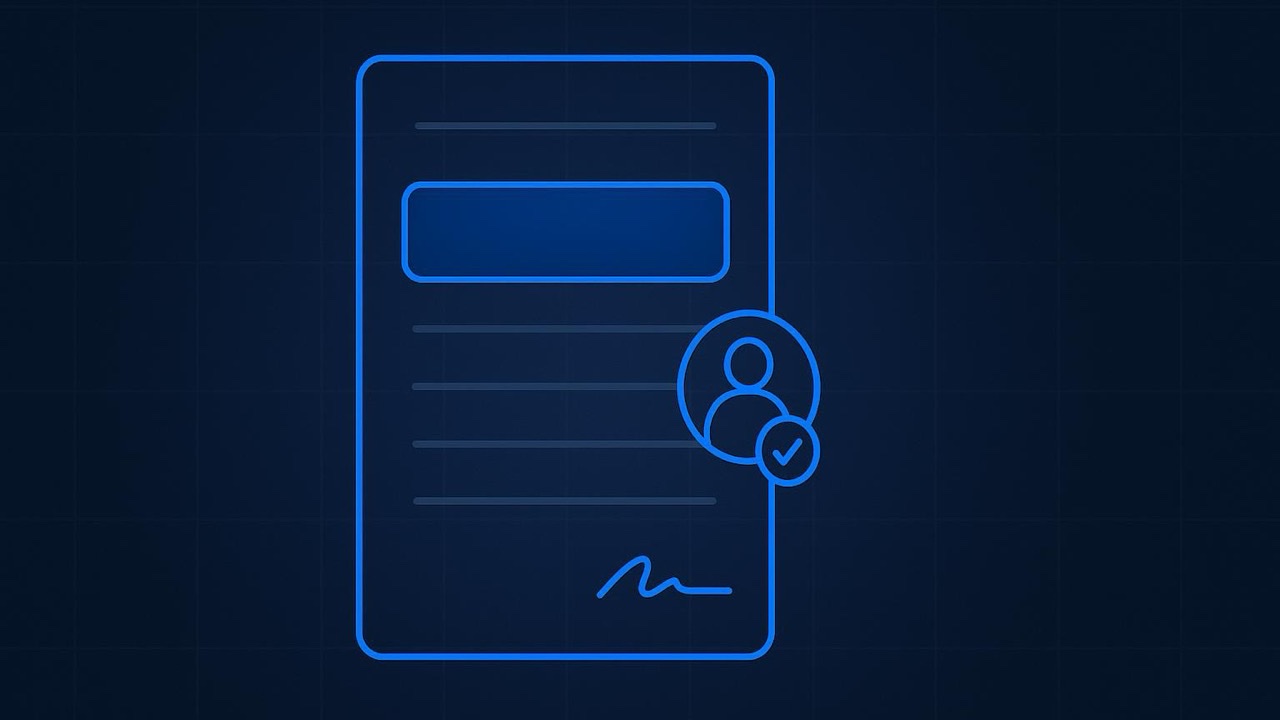 A blue-outlined one-page proposal with seven blocks, a human check badge on the third, and a signature line