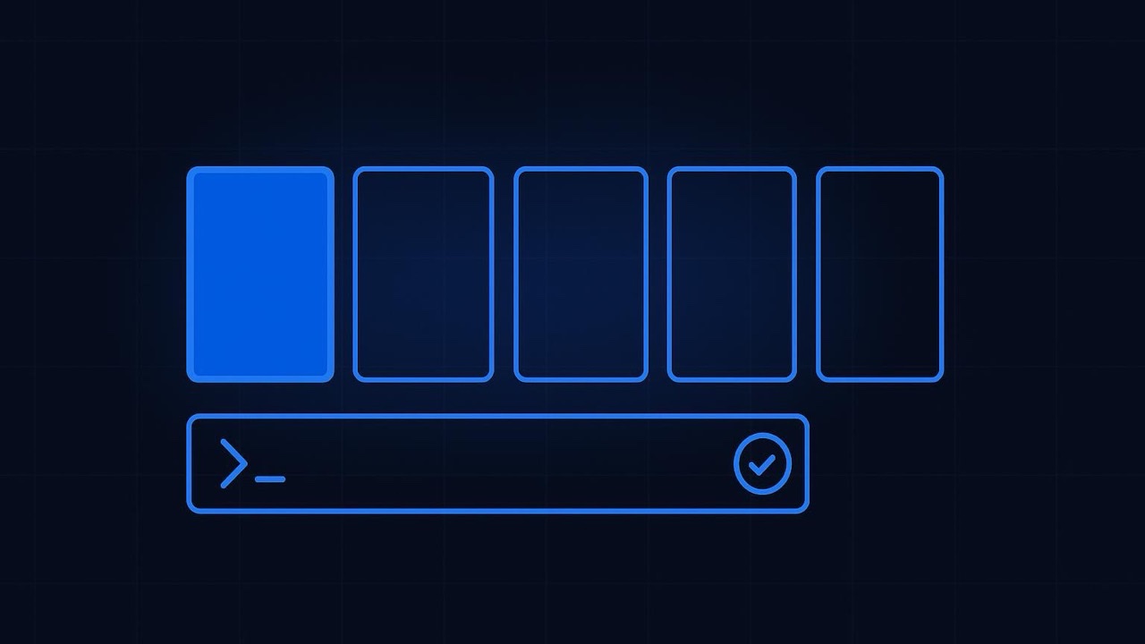 Five blue-outlined session cards in a row, the first lit, above a terminal prompt bar with a check mark