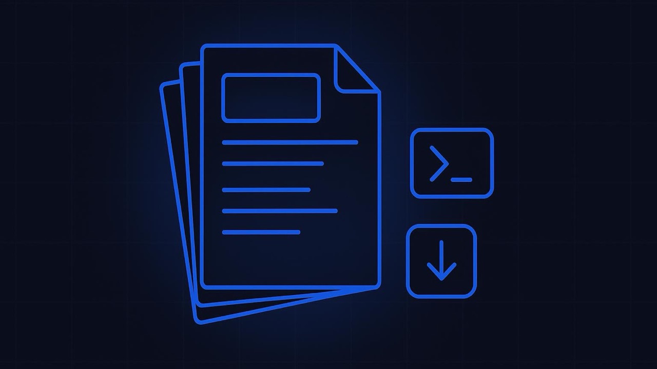 A fanned stack of blue-outlined worksheet pages, the top one lit, a prompt card, and a download arrow