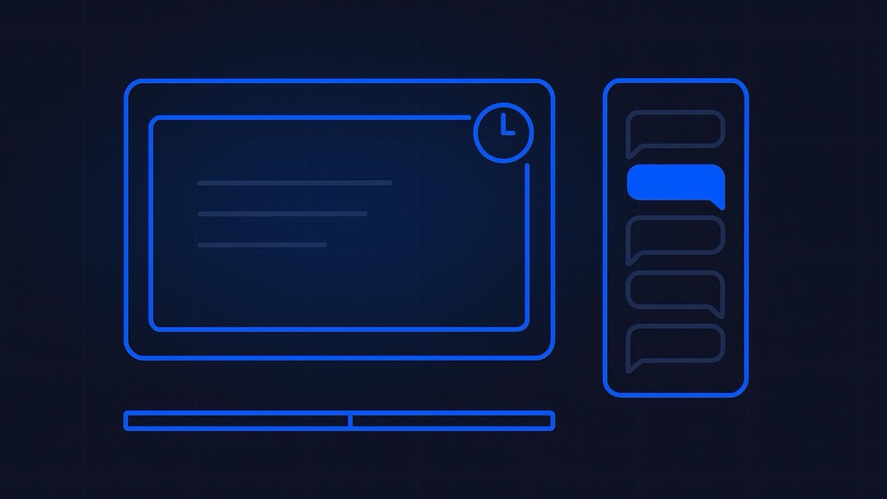 A blue-outlined presentation screen with a clock, beside a chat column with one lit message and a two-segment timeline