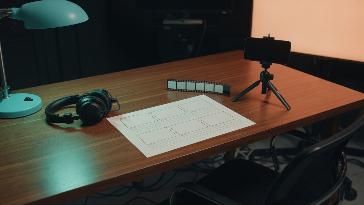 Storyboard cards, a transcript printout, and a phone on a tripod on a walnut desk