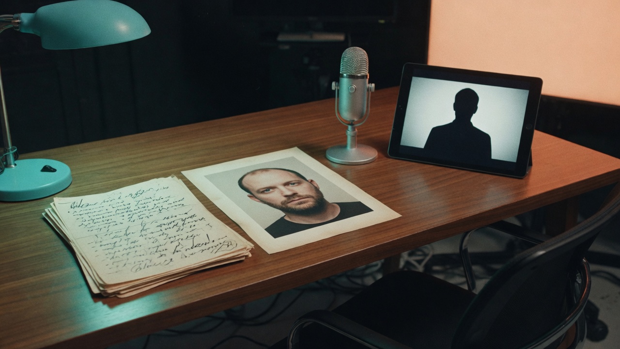 Four studio plates on a walnut desk: notes, a portrait, a microphone, and a paused talking-head frame
