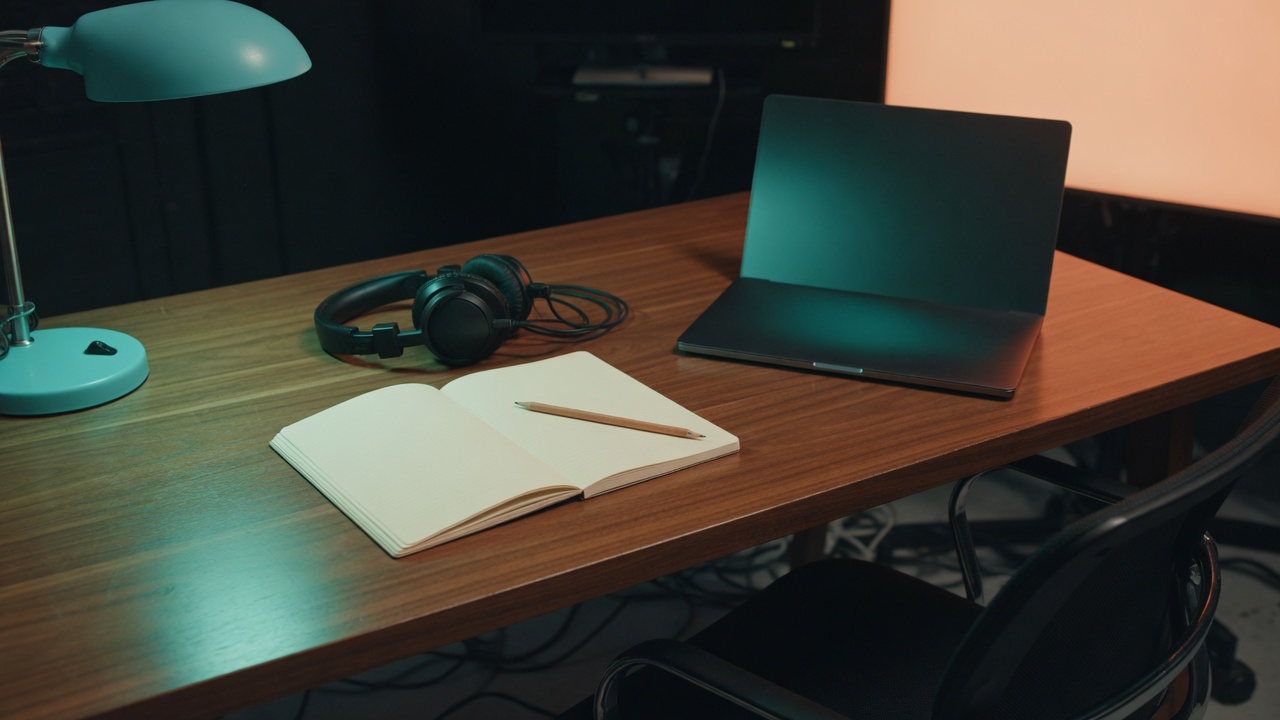 Walnut night desk with a blank notebook, headphones, and teal lamp